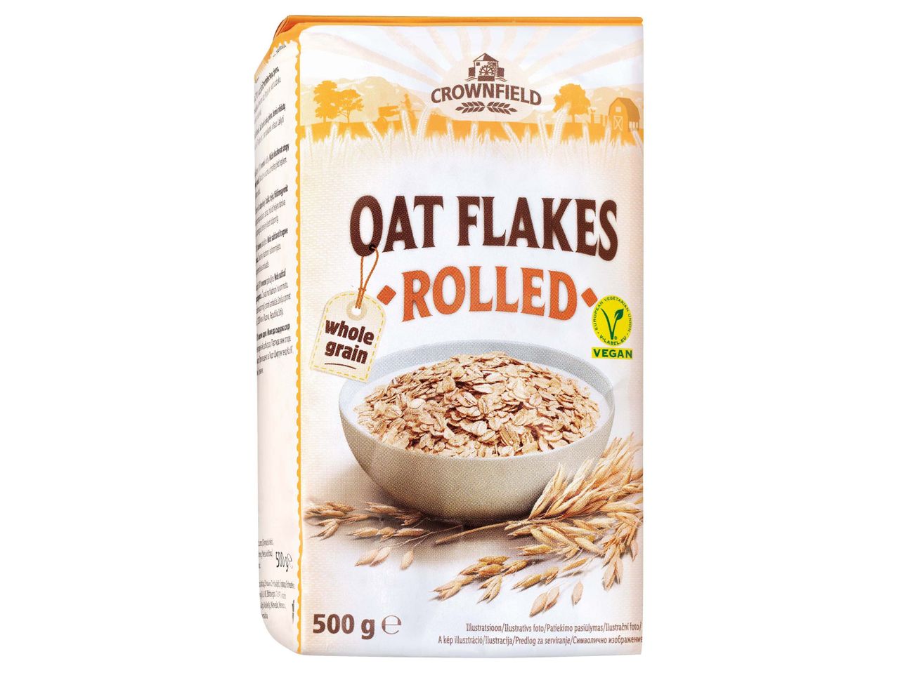 500 g Crownfield zabpehely, teljes kiőrlésű, sodort, vegán.