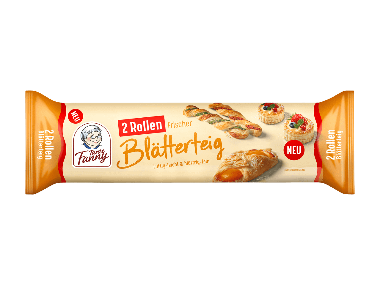 Tante Fanny Blätterteig-Packung mit Gebäckbeispielen und der Aufschrift „2 Rollen Frischer Blätterteig“.
