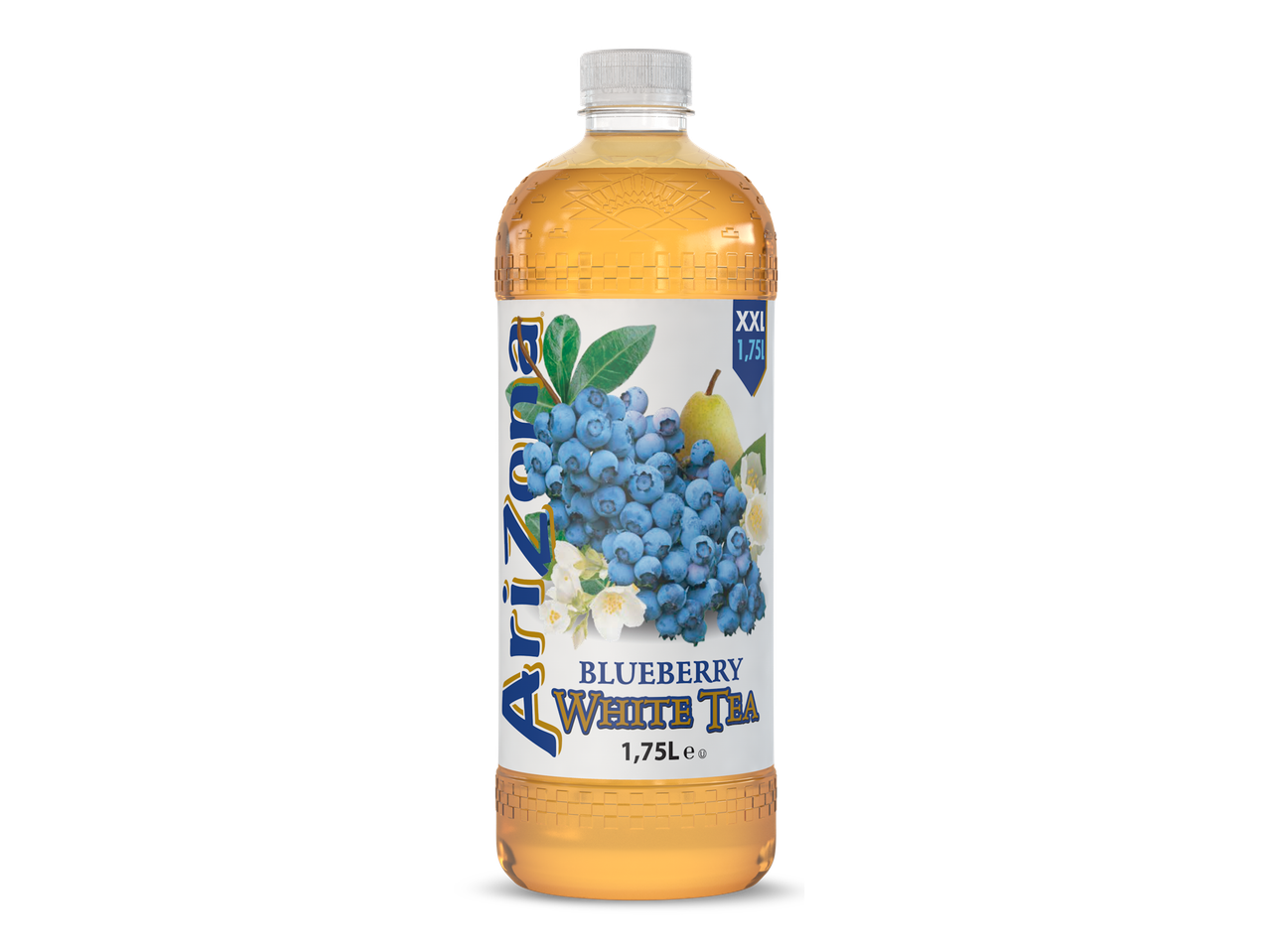Fles bosbessen witte thee met een etiket van bosbessen, peren en bloemen.