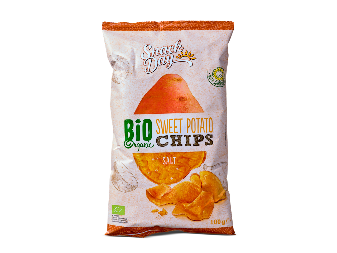 Snack Day biologische zoete aardappelchips, zout.