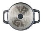 Bottom view of a dark gray cookware pot with two handles and a patterned stainless steel base.