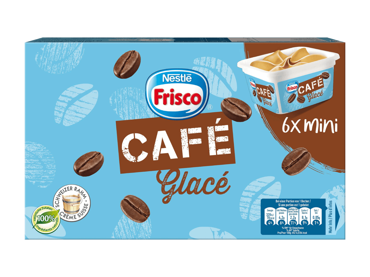 Packung mit Mini-Kaffee-Eiscreme mit Schweizer Rahm, 100% natürliche Zutaten.