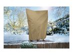 Beige winter plant protection cover on a shrub in a snowy garden.