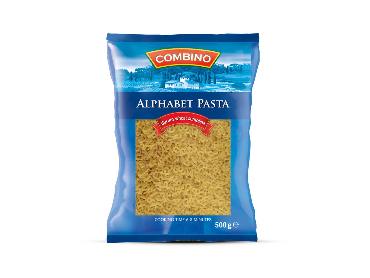 Plavo pakiranje Combino tjestenine u obliku slova, 500g, s natpisom 'durum wheat semolina' i vremenom kuhanja.