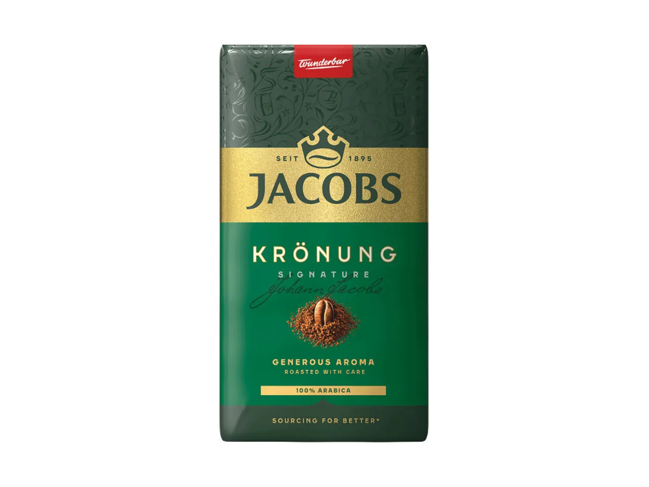 Jacobs Krönung maltos kavos pakuotė su užrašu „Generous Aroma Roasted with Care“.
