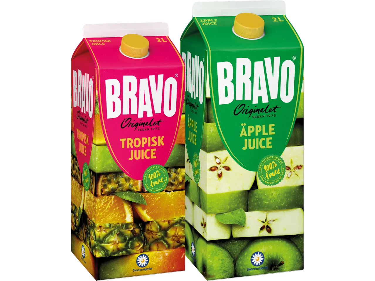 Två Bravo juicepaket, en med tropisk juice och en med äppeljuice.