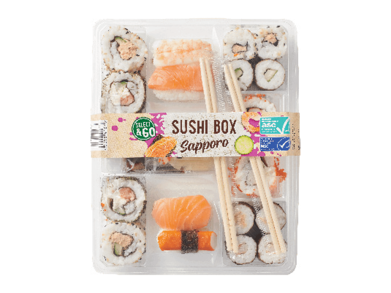 Sushi karp Sapporo, sisaldab erinevaid sushirulle, nigirit ja pulkasid.