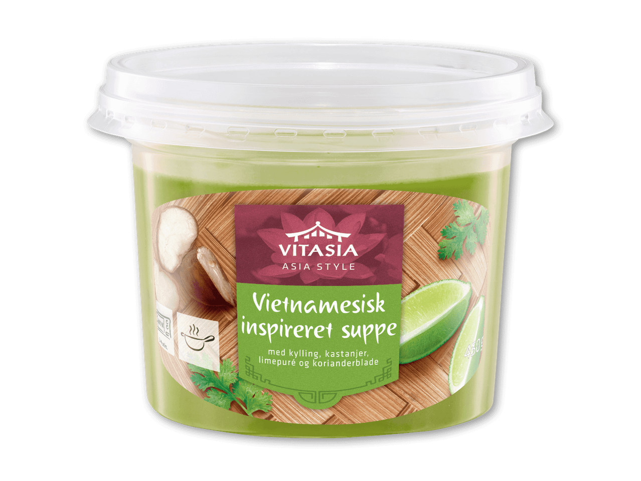 Vietnamesisk inspireret suppe med kylling, kastanjer, limepuré og korianderblade i en beholder.