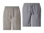 To par herreshorts i hørlook, et par i beige og et par i grå, med elastik og snøre i taljen.