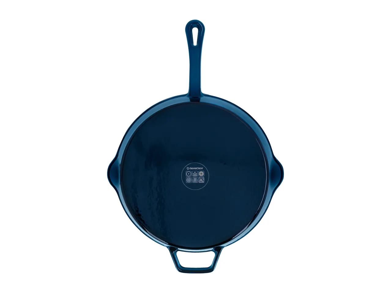 Blue cast iron skillet with a long handle and a smaller helper handle, viewed from the bottom.