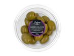 Green olives with red peppers and garlic in a clear plastic container, 150g.