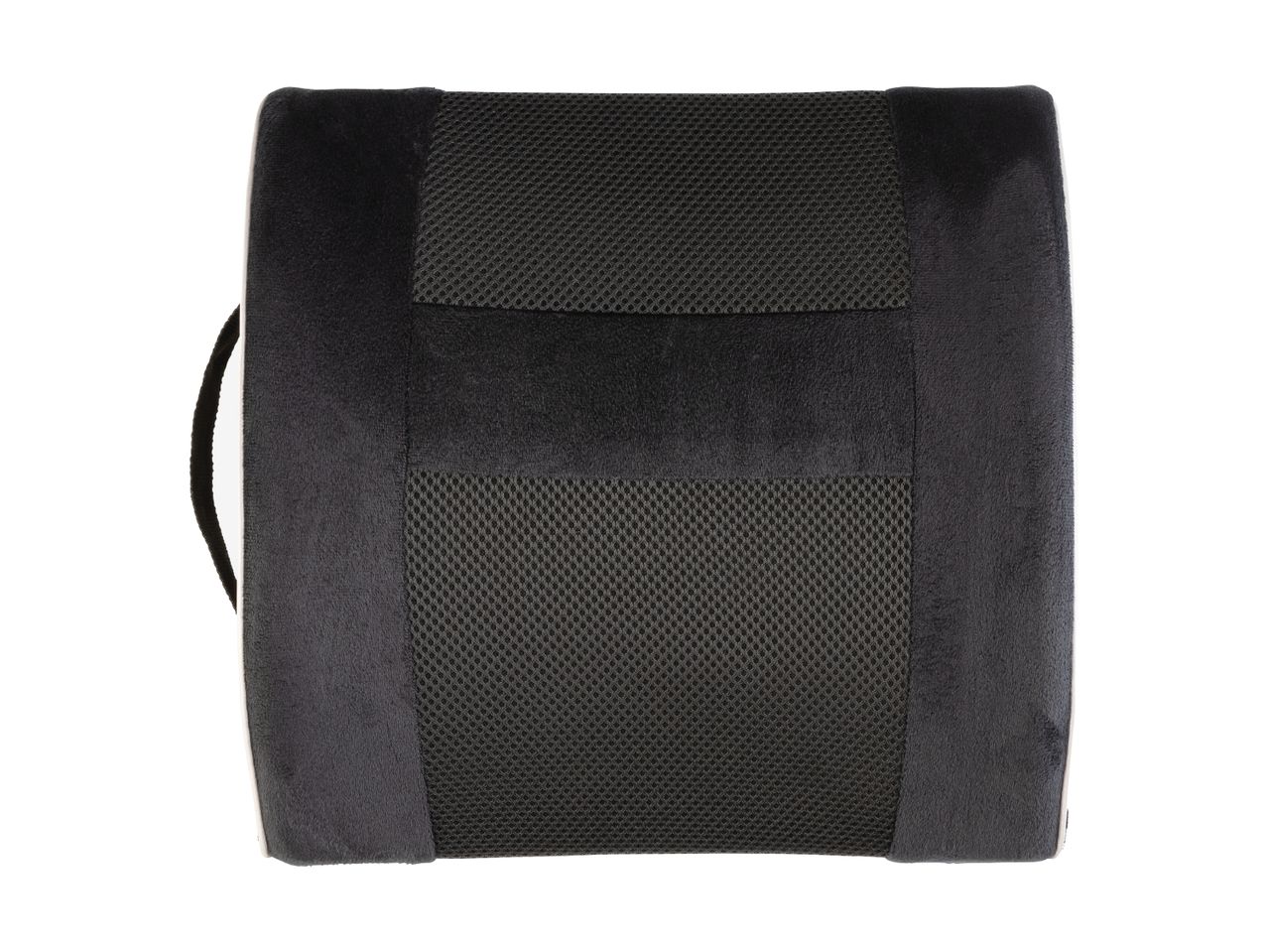 A black lumbar support cushion with a mesh center and carrying handle.