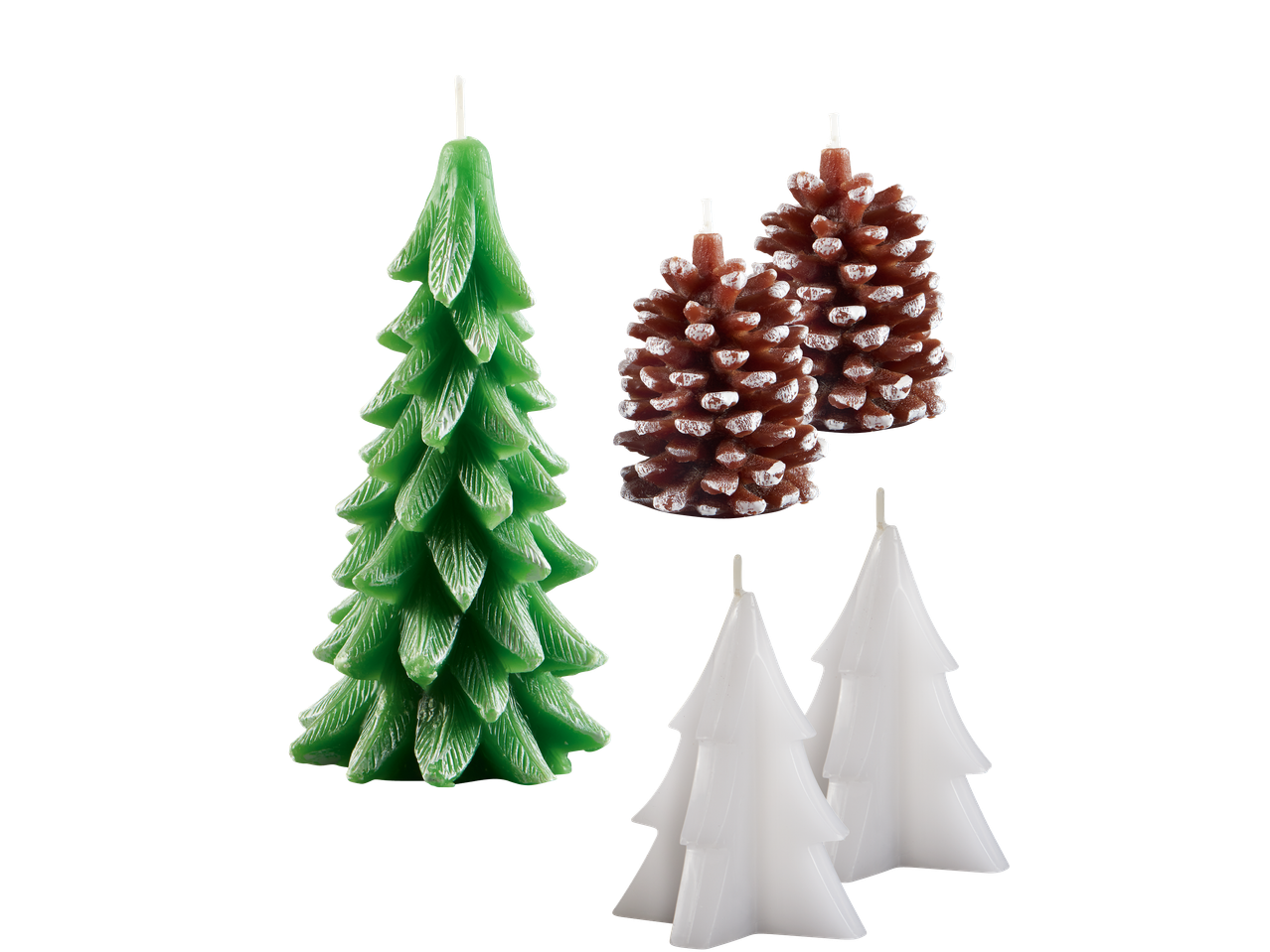 Gröna granljus, bruna kotteljus och vita granljus.