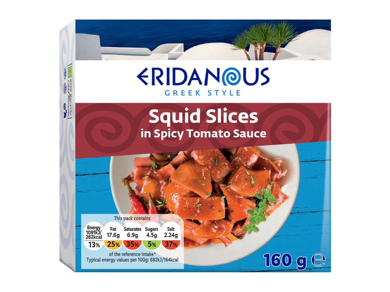 Squid slices in spicy tomato sauce, with nutritional information and weight 160g.