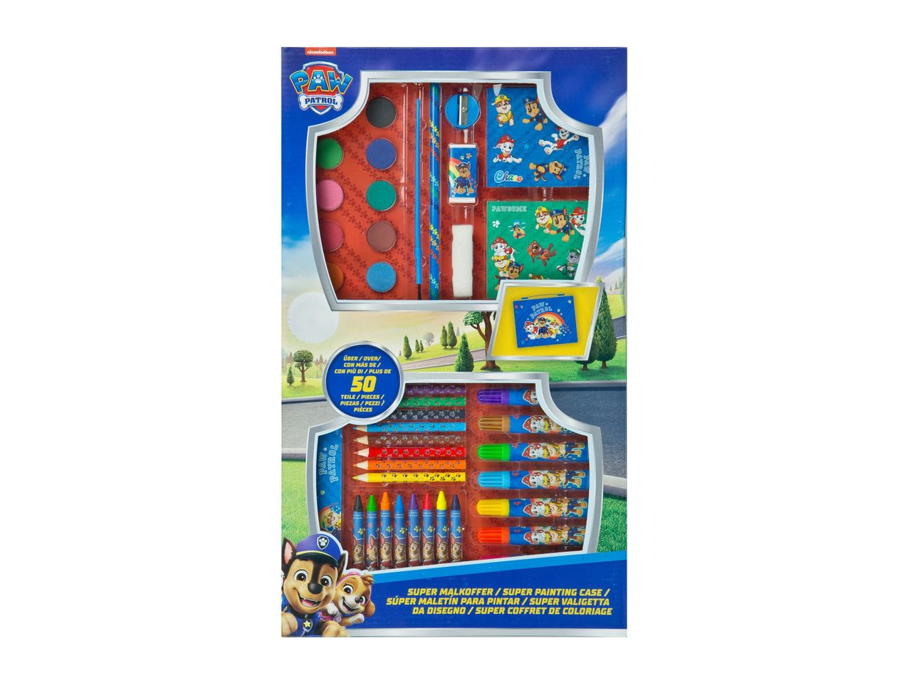 Paw Patrol-themed art set with crayons, pencils, and other supplies.