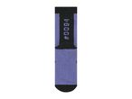 Purple and black socks with #0094 printed on the side.