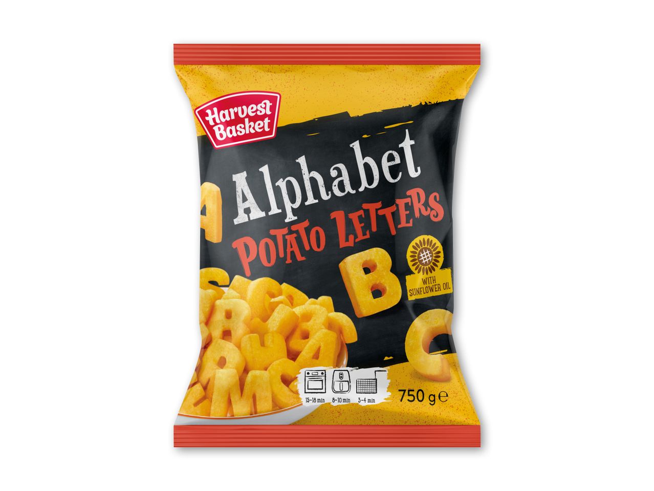 Pose med kartoffelbogstaver med solsikkeolie, 750g.