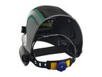 A grey and green welding helmet with a black head strap is shown open, revealing the interior components.