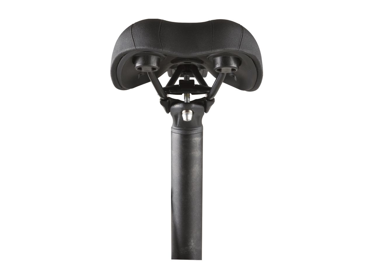 A black bicycle saddle with a seatpost is shown from below.