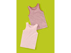 Two children's tank tops, one plain pink and one pink and white striped, on a green background.