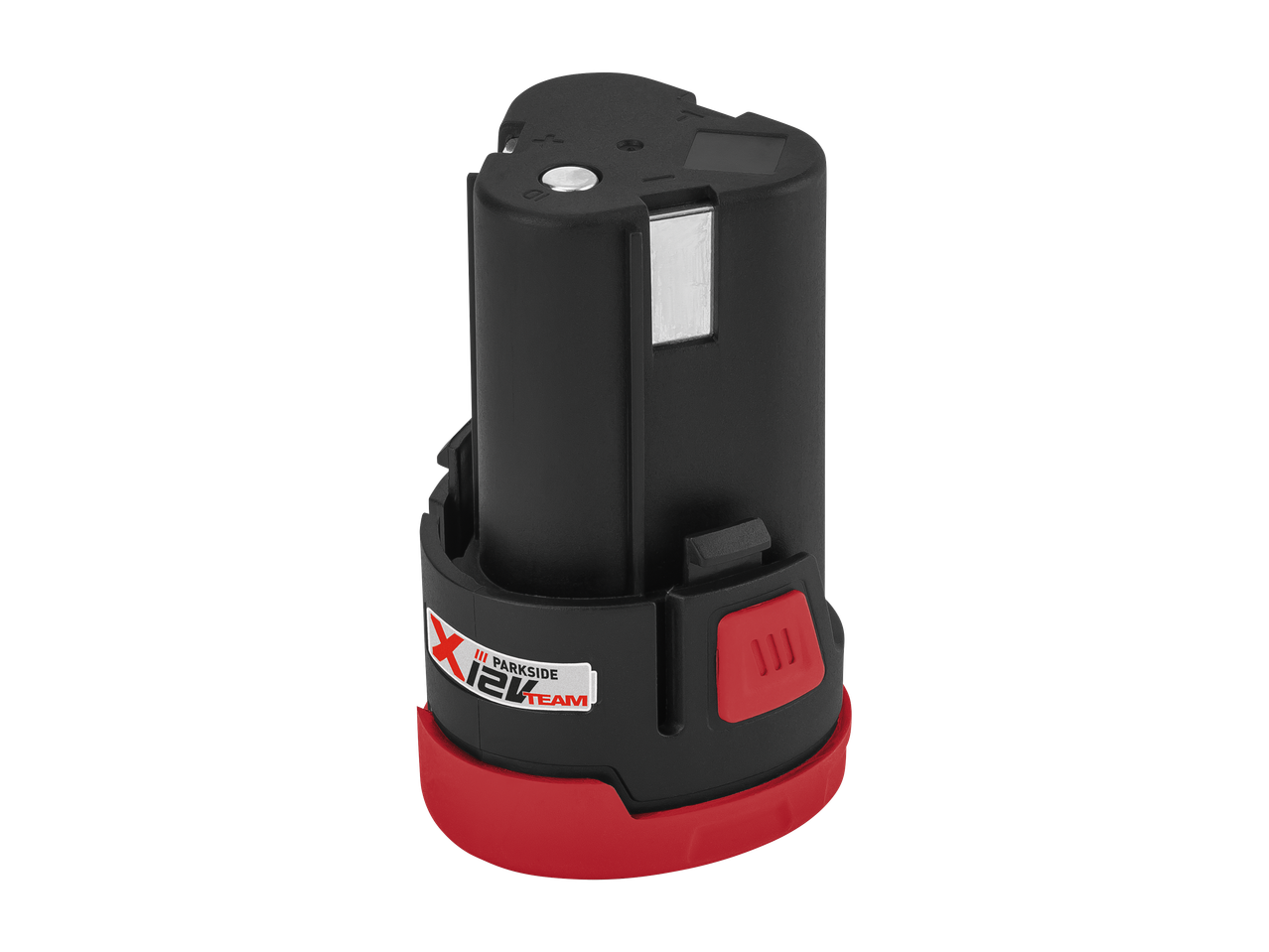 Črna baterija za orodje z rdečim dnom in logotipom 12V Team.