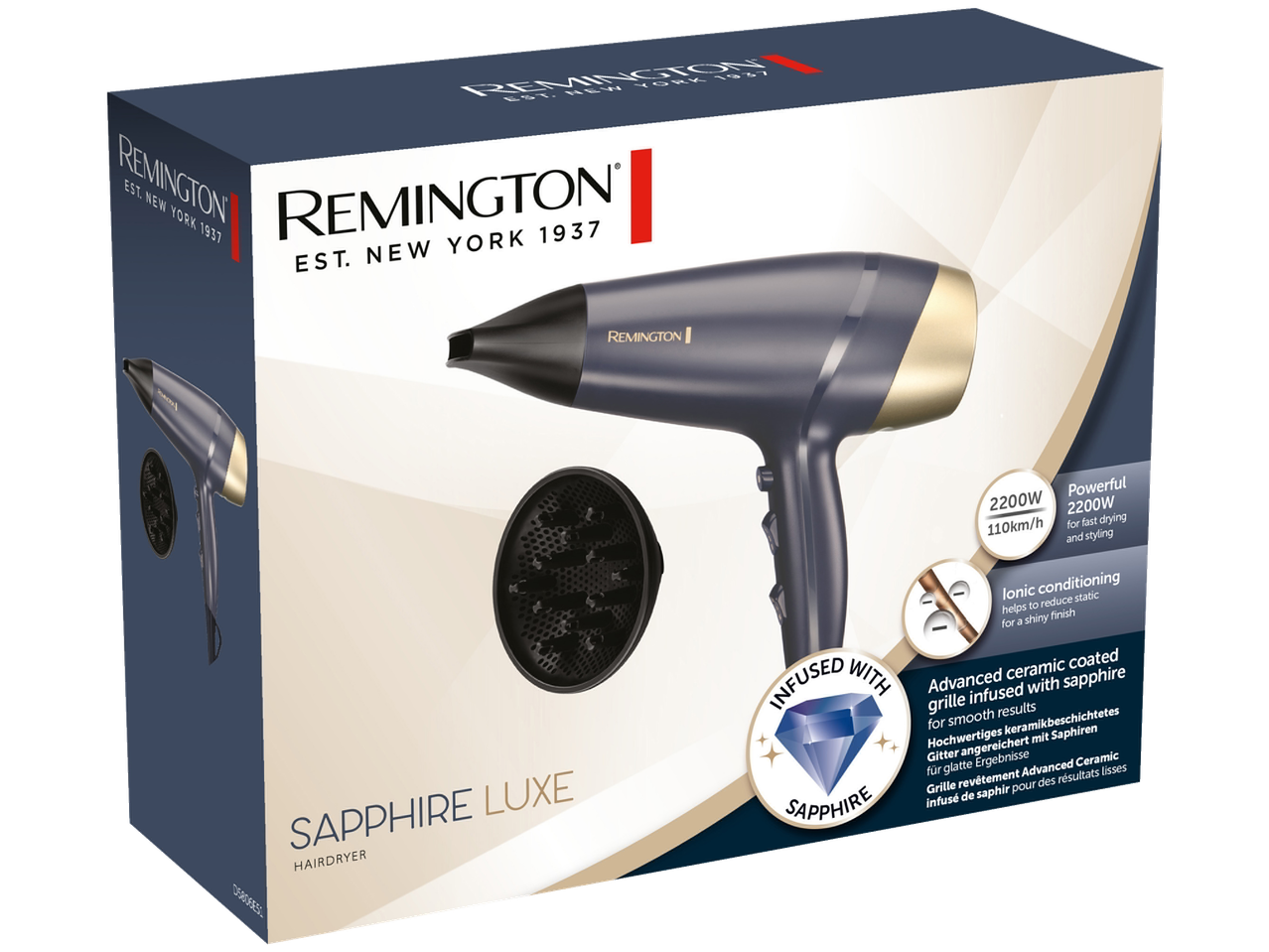 Hairdryer with diffuser, featuring sapphire infusion and ionic conditioning, in a box.