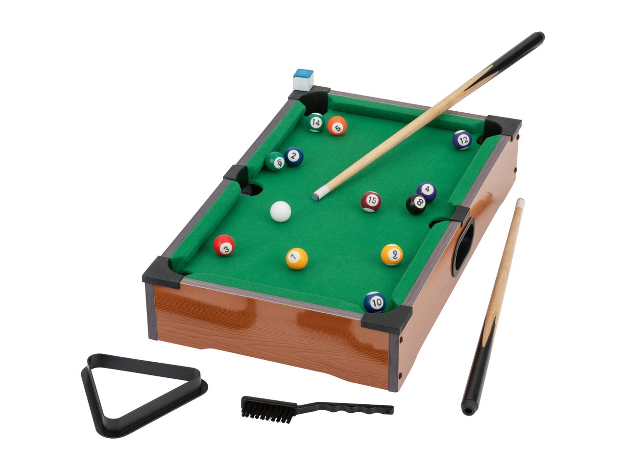 Miniature pool table with cues, balls, triangle, and brush on a white background.