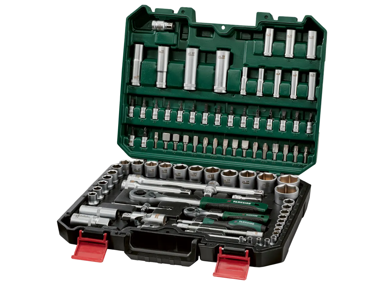 Комплект инструменти Parkside с тресчотки, вложки и битове в зелен куфар.