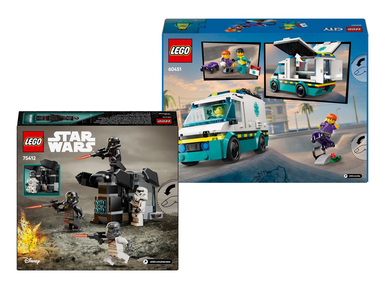 Zwei Spielzeugsets: ein Star Wars Death Trooper Battle Pack und ein City Krankenwagen.