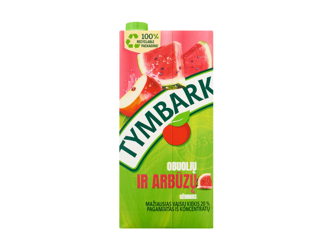 Tymbark obuolių ir arbūzų sultys, 100% perdirbama pakuotė.