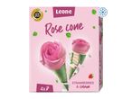 Pink box of rose cone ice cream with strawberries and cream, 4 pieces, frozen.