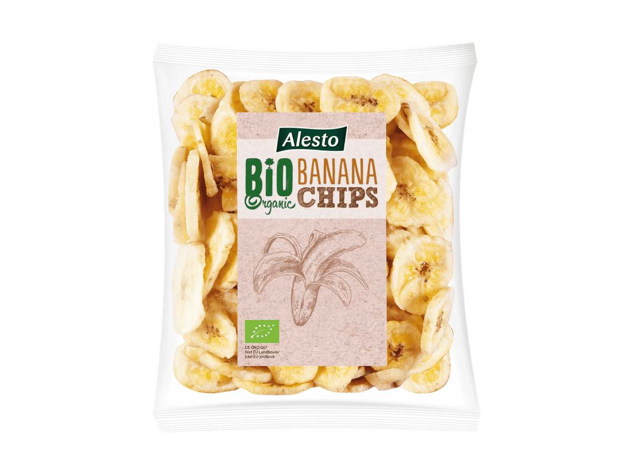 Chips de banane bio Alesto dans un emballage transparent.