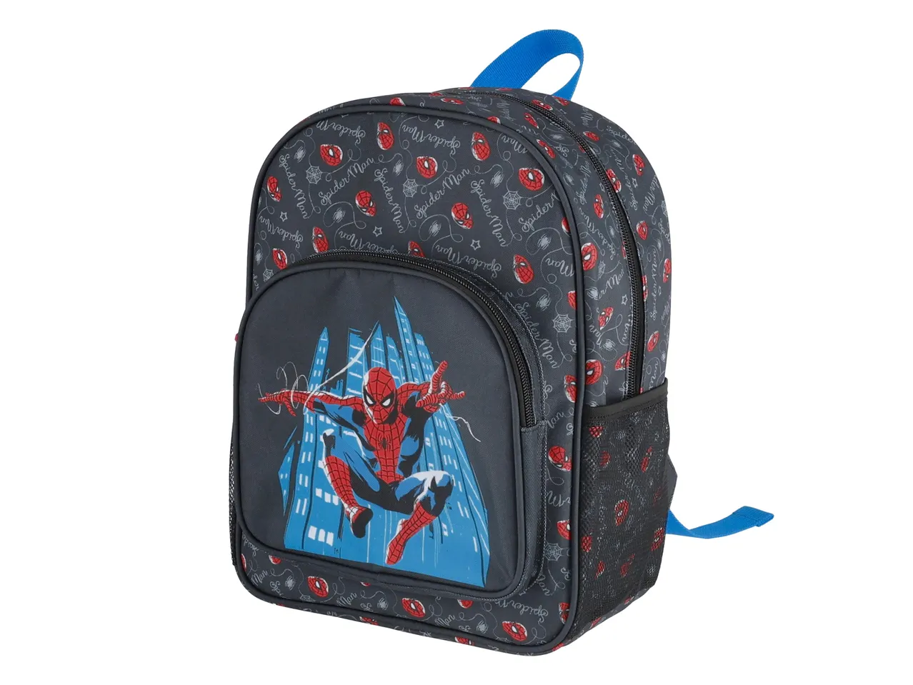Szürke Spider-Man hátizsák kék pánttal és hálós zsebbel.