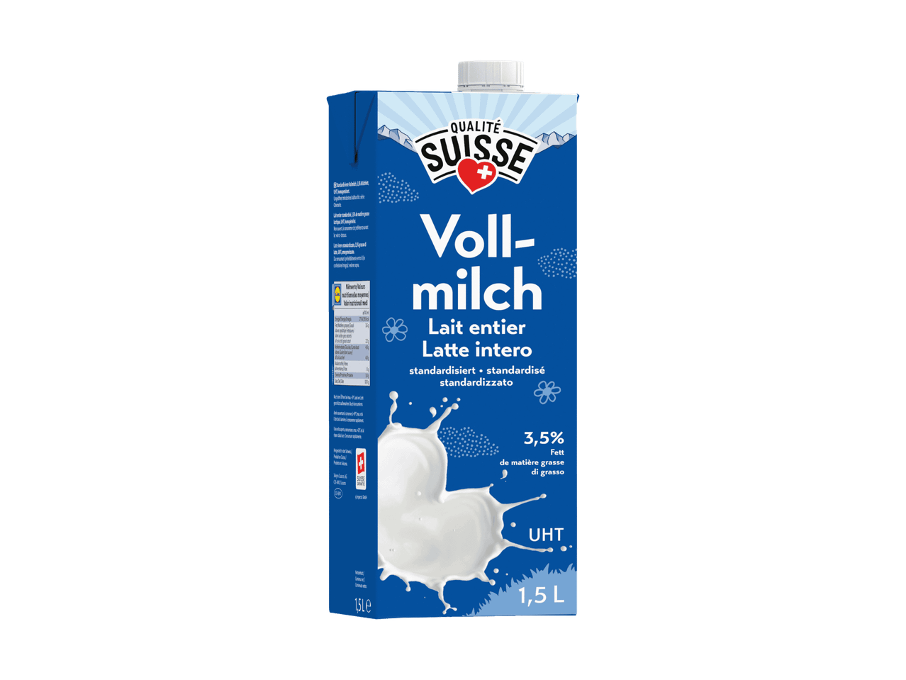1,5-Liter-Karton Vollmilch mit 3,5% Fett, mit Schweizer Qualitätssiegel.