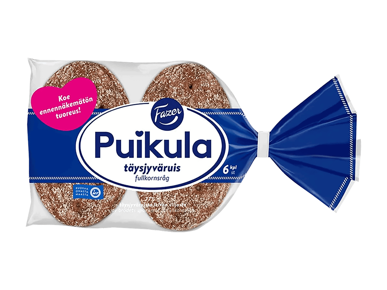 Täysjyväruisleipäpussi, jossa on kuusi viipaletta.