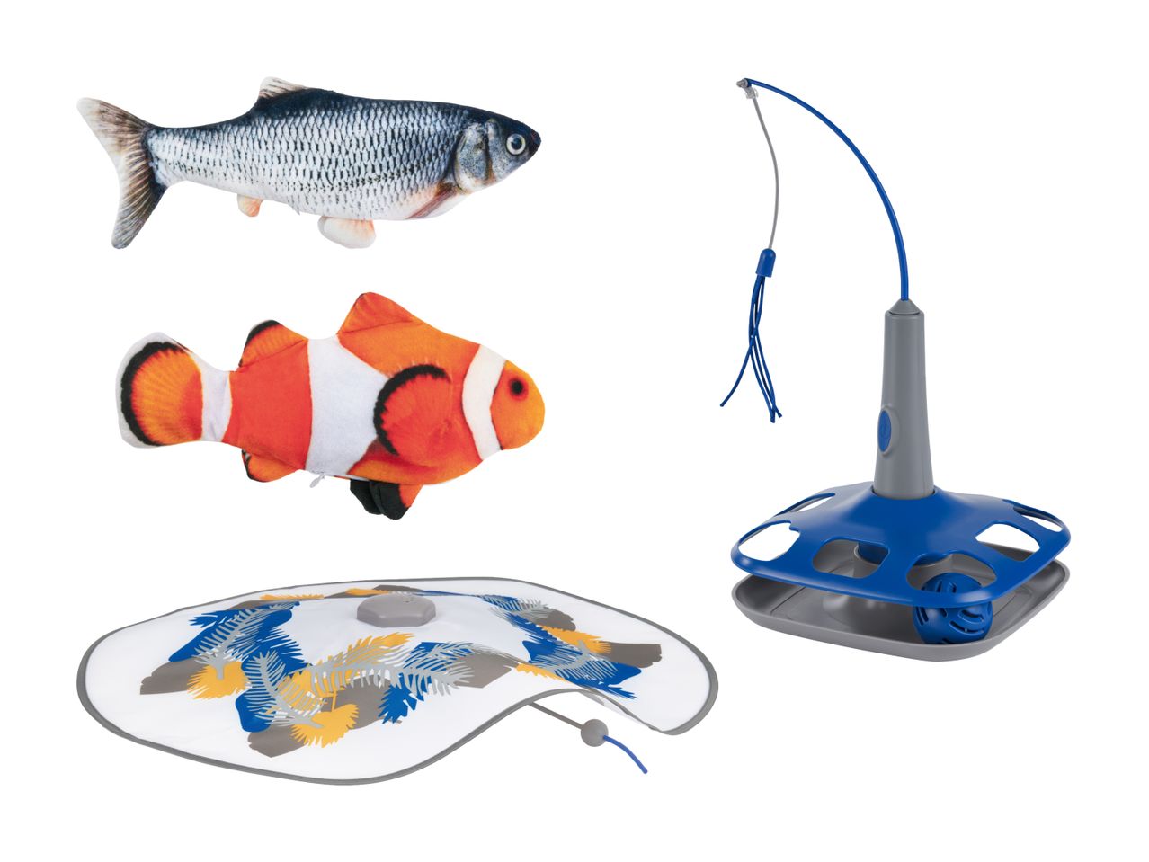 Jouets pour chats sur le thème marin : poissons en peluche, canne à pêche et tapis interactif.