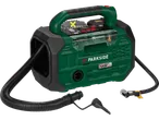 Compresor de aer Parkside X20V Team verde și negru cu furtunuri.
