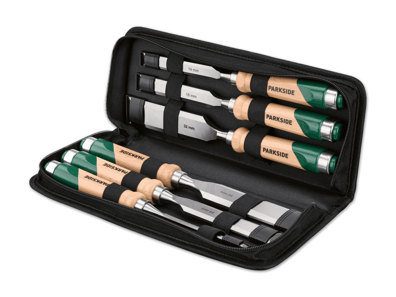 Ein Parkside-Holzmeißel-Set in einer schwarzen Tasche.