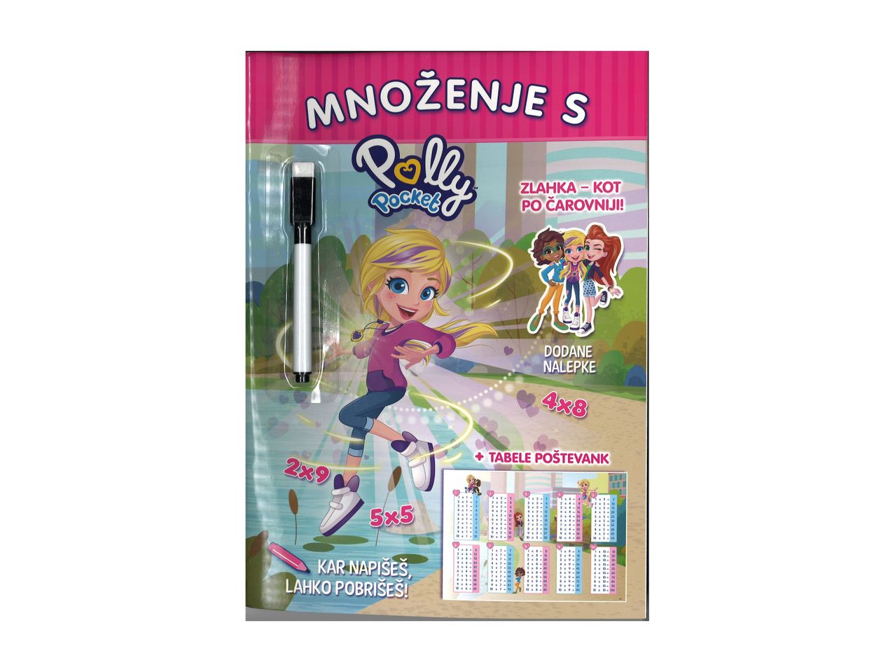 Knjiga za množenje Polly Pocket z nalepkami in tabelami.