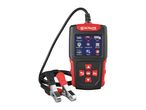 A black and red Ultimate Speed battery tester with clamps and a screen showing vehicle options.