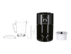 A black personal blender with a clear jar and ice cream maker attachment.