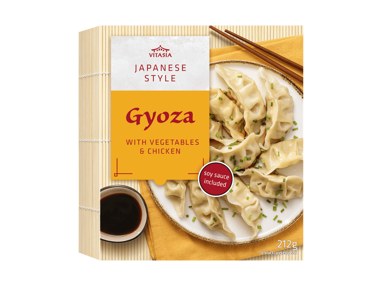 Gyoza de style japonais aux légumes et poulet, sauce soja incluse, 212g.