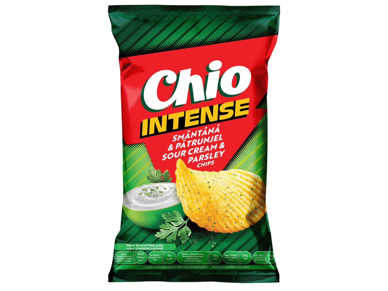 Пакет картофен чипс с вкус на заквасена сметана и магданоз, с изображение на чипс и сос.