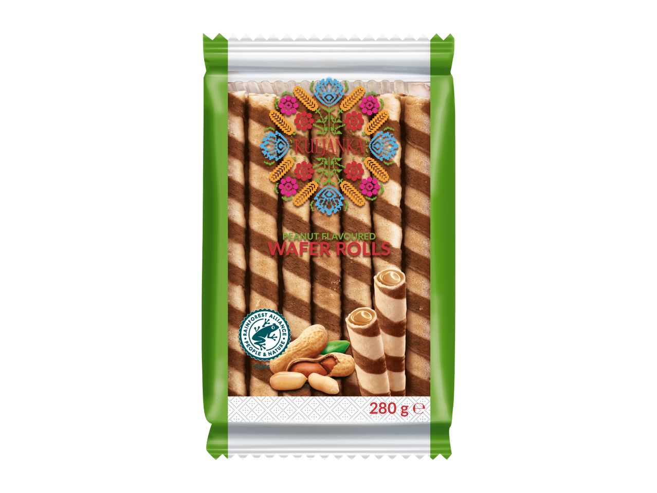 Peanut flavoured wafer rolls in a green and white package with a folk-art design.