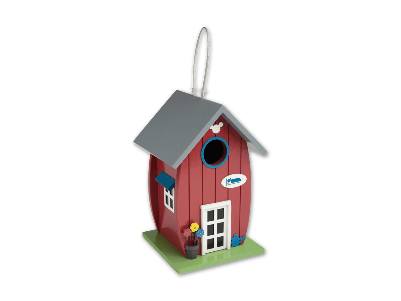 Ein rot-graues Vogelhaus im Mickey-Maus-Stil mit Blumen und Gießkanne.