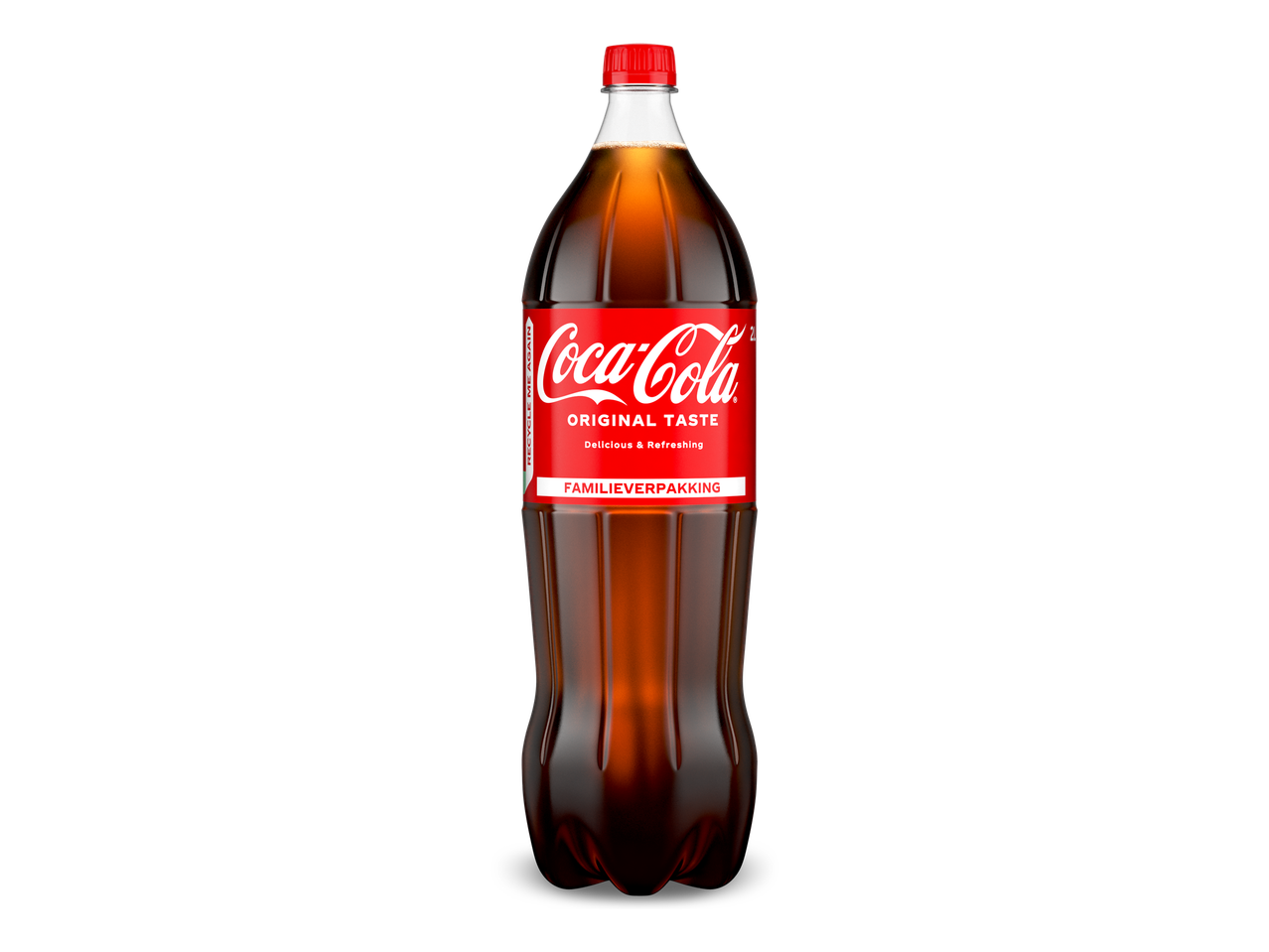Een grote fles cola met een rood etiket waarop 'ORIGINAL TASTE' en 'FAMILIEVERPAKKING' staat.