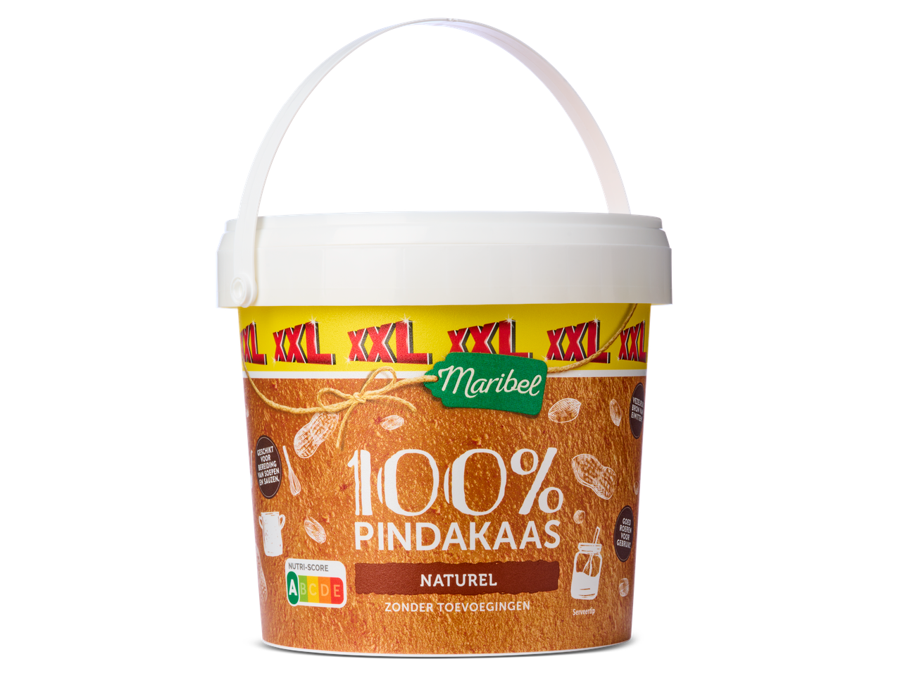 Een grote emmer Maribel 100% natuurlijke pindakaas.