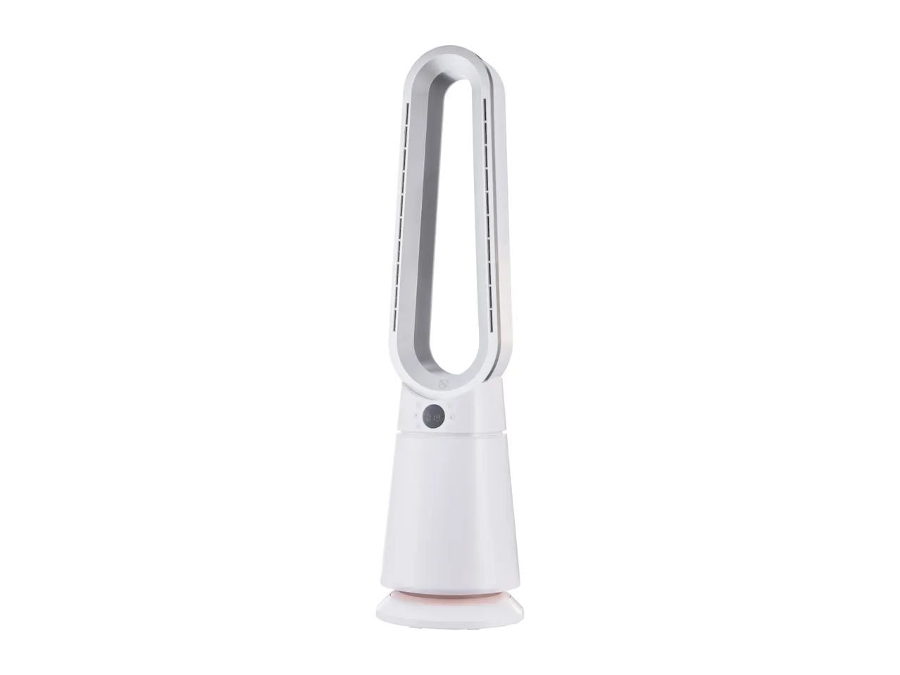 White bladeless tower fan with digital display