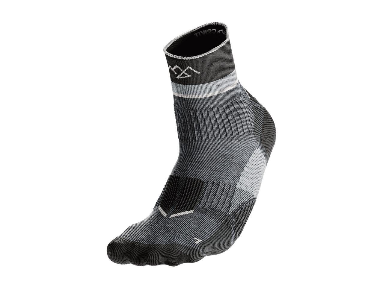 A black and grey running sock with a mountain logo.