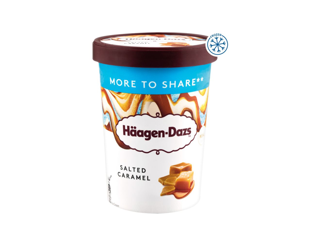 Häagen-Dazs ice cream tub, More to Share size, featuring caramel and almond pieces.